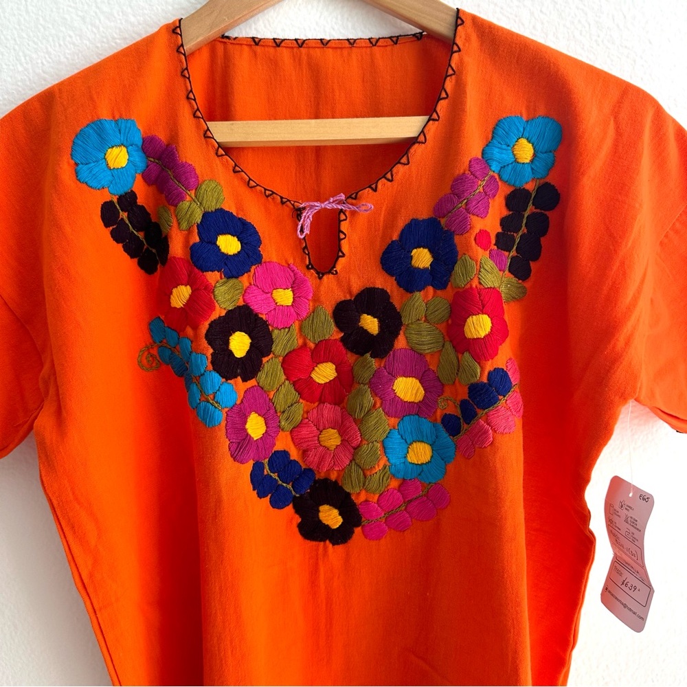 Embroidered Mexican Orange Blouse Top Embroidery 70’s Vibe Flower Power Small